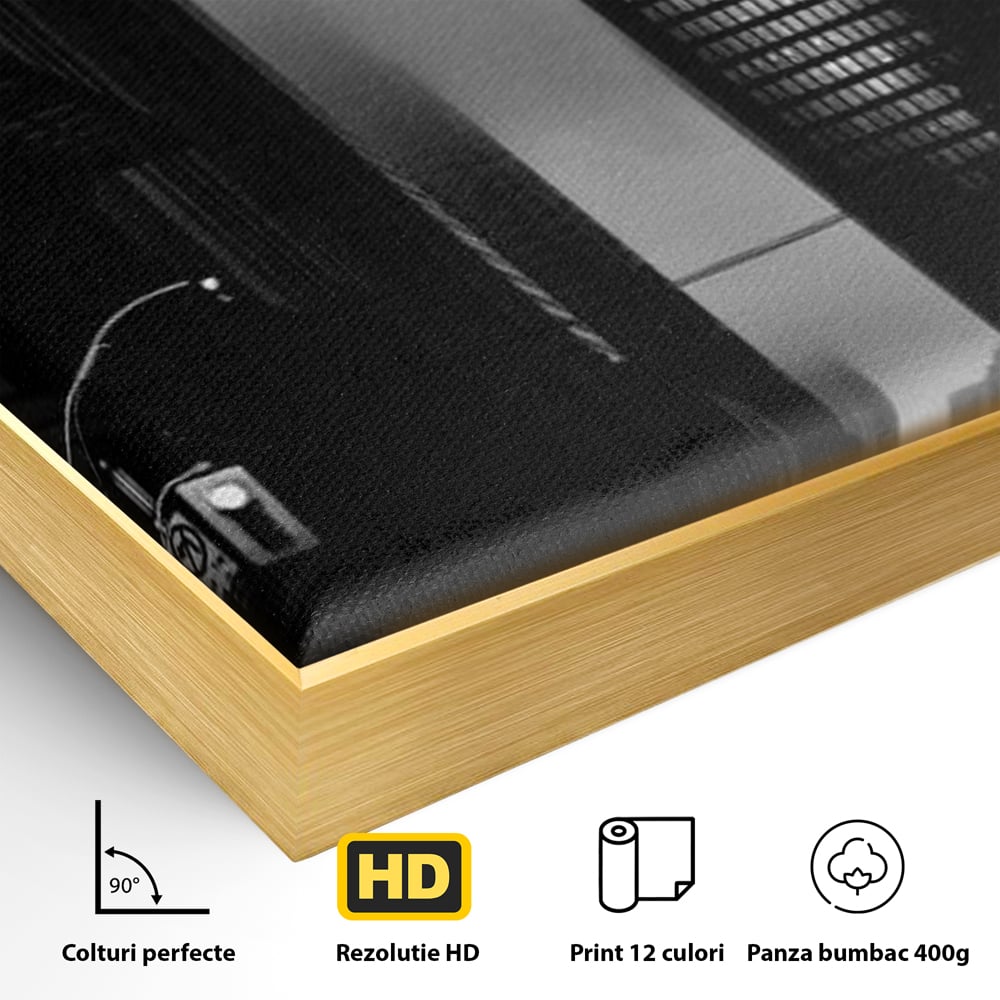Detaliu al suprafetei: tablou canvas cu oras in ceata, in rama de aluminiu auriu
